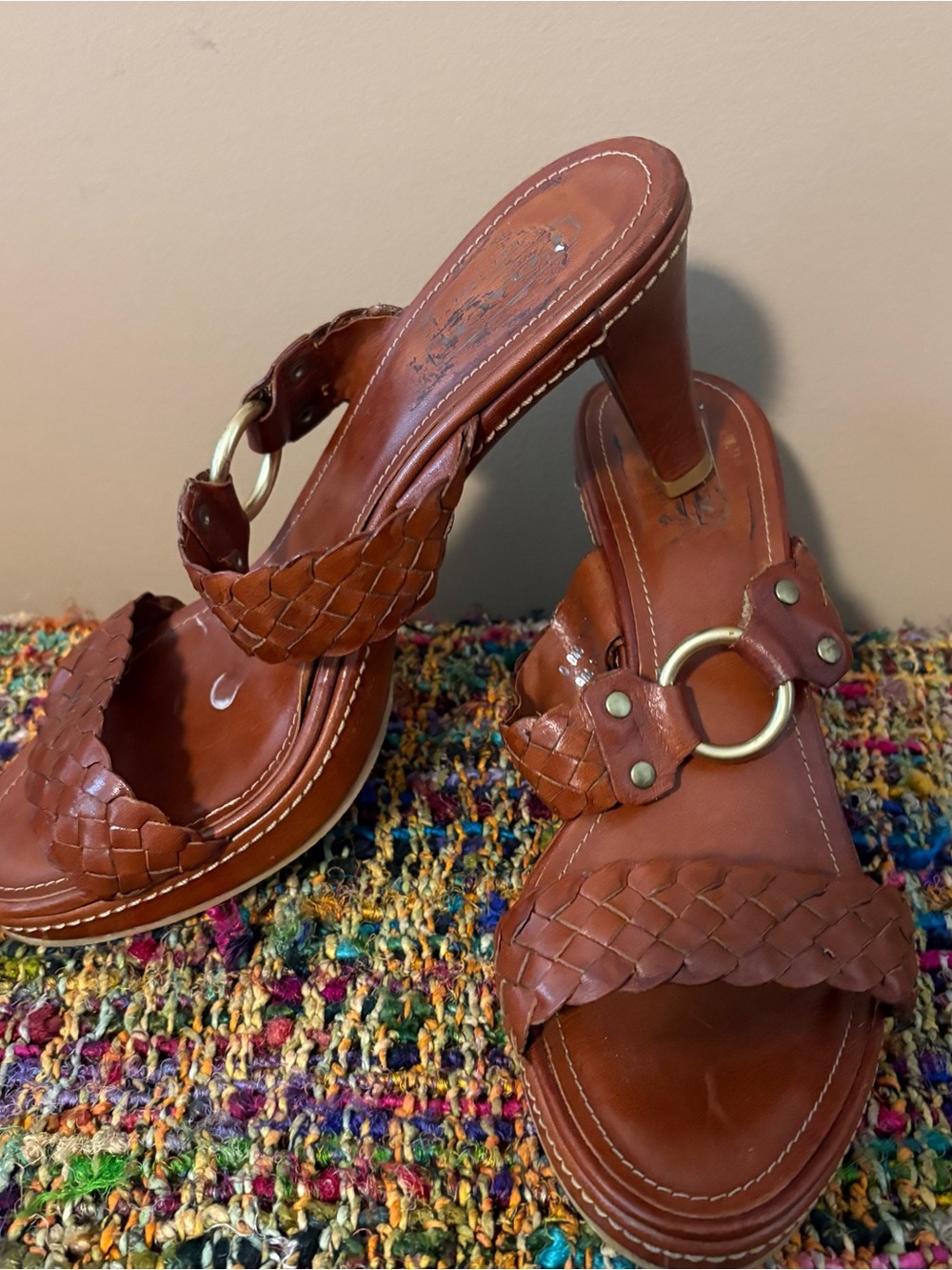 Coach Brown Leather Woven gold Ring-Accent Heeled slide Sandals 9
